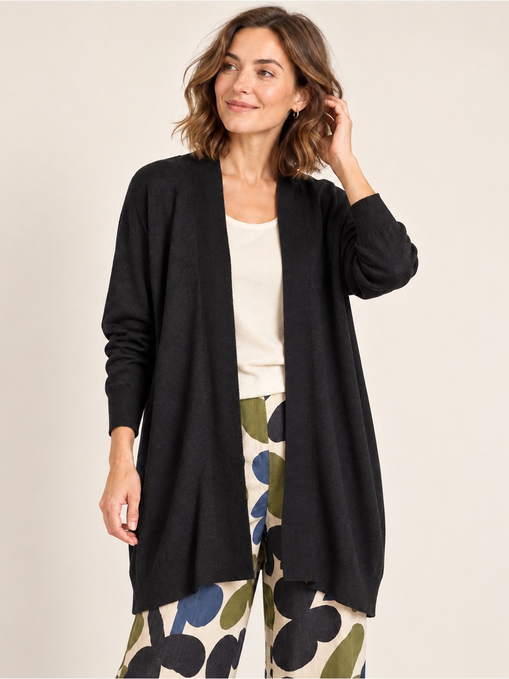 Marimekko Tonni Black Linen Blend Open Front Long Cardigan Sweater Medium